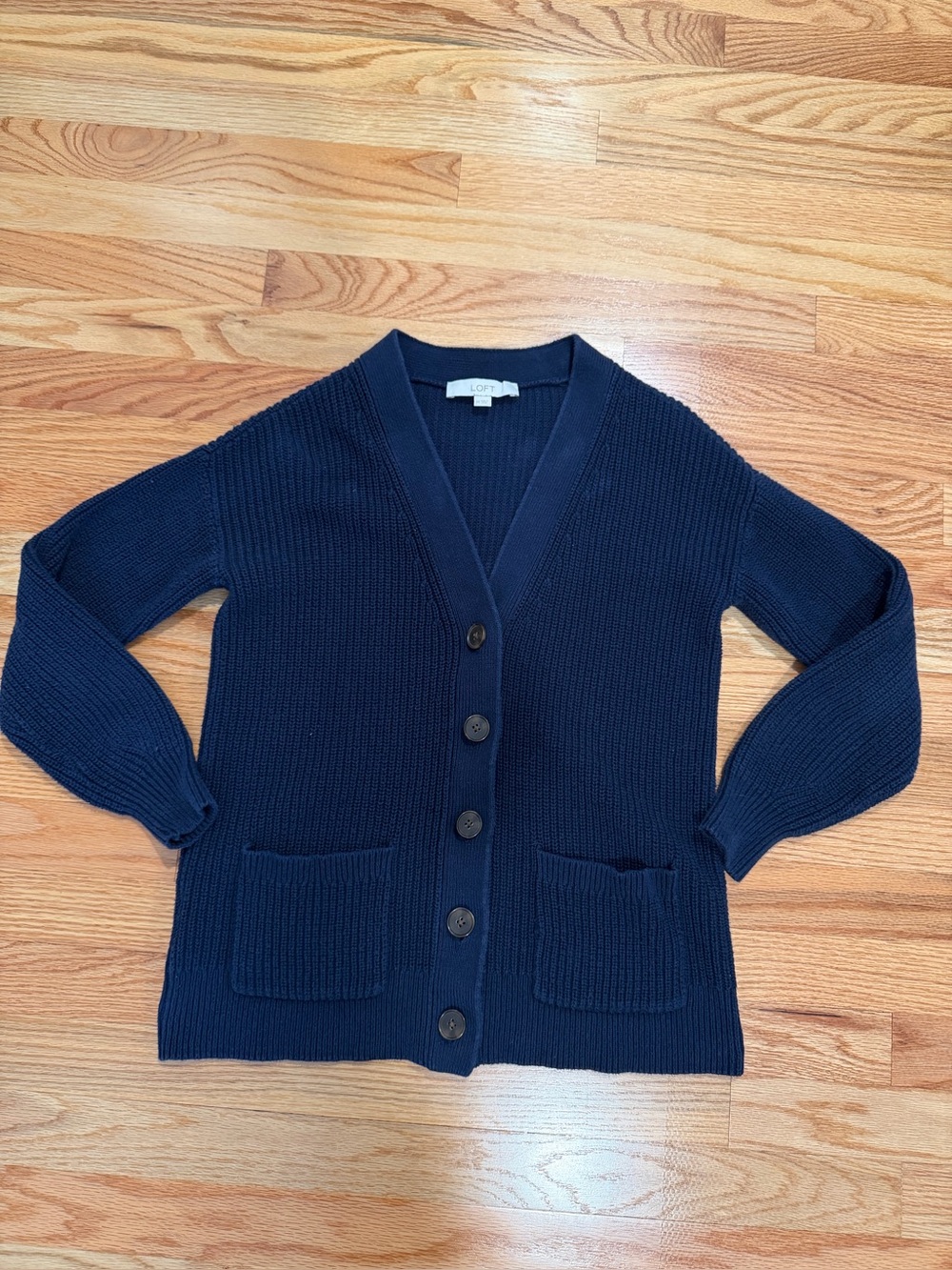 LOFT Navy Cotton V-Neck Button Front Cardigan Women’s XS Pocket Sweater